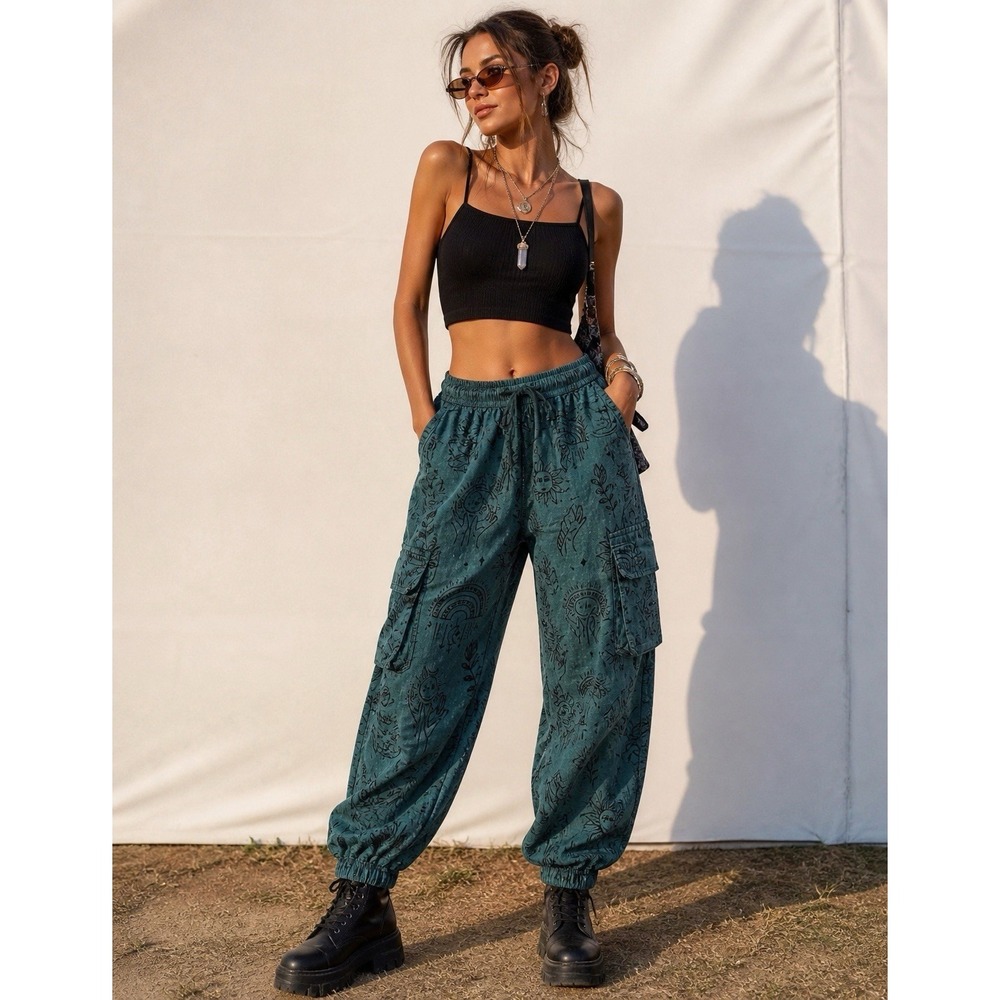 Collection Royal Pants L/XL Sun Moon Cat Print 100% Cotton Hippy Festival Casual